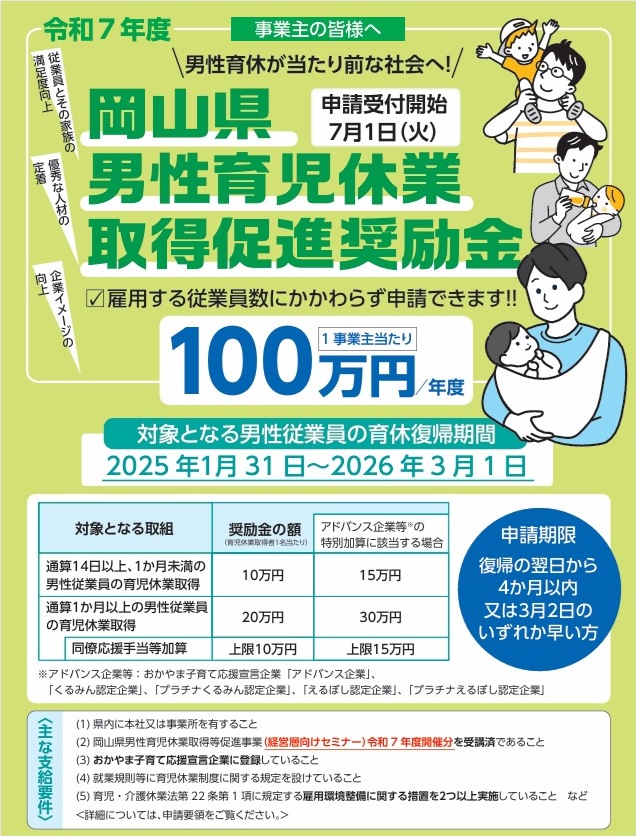 岡山県男性育児休業取得促進奨励金
